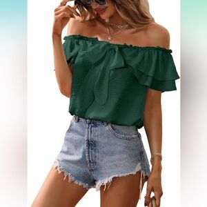 Off Shoulder Ruffle Trim Knot Front Blouse Butterfly Short Sleeve Chiffon Top XL